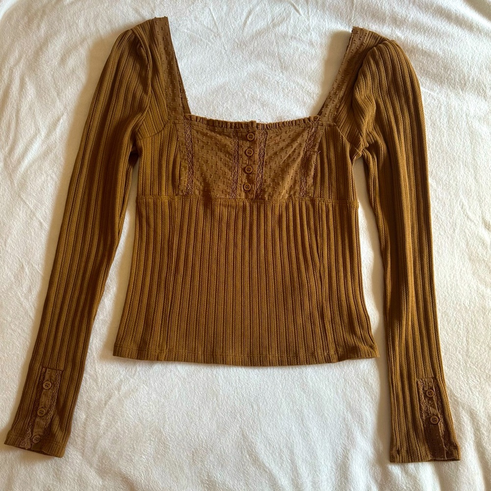 Free People Mustard Yellow Ribbed Fitted Blouse